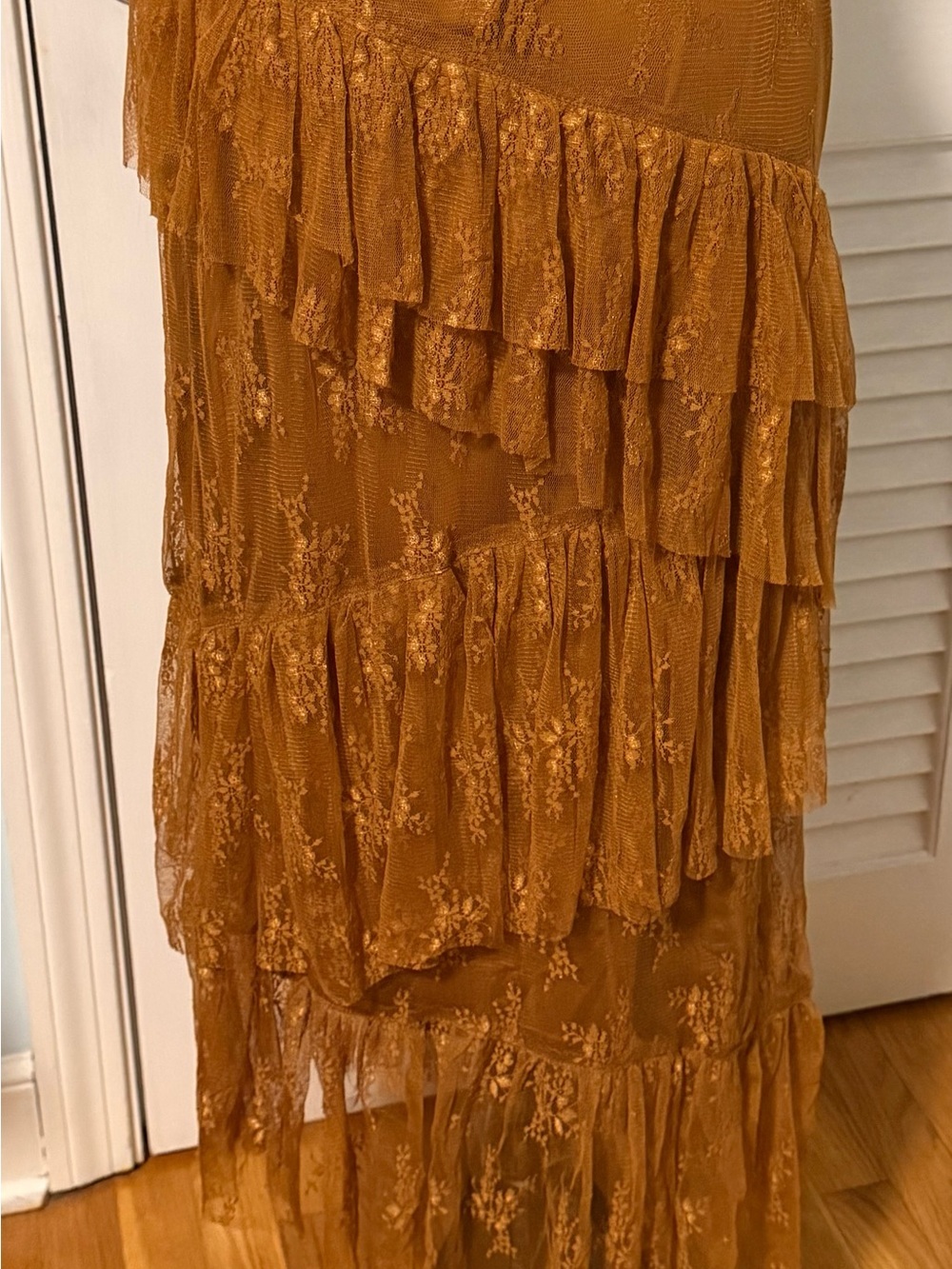 Hem and Thread Tiered Ruffle Lace lined Maxi Skirt - Rust Brown color size Large - Picture 6 of 7
